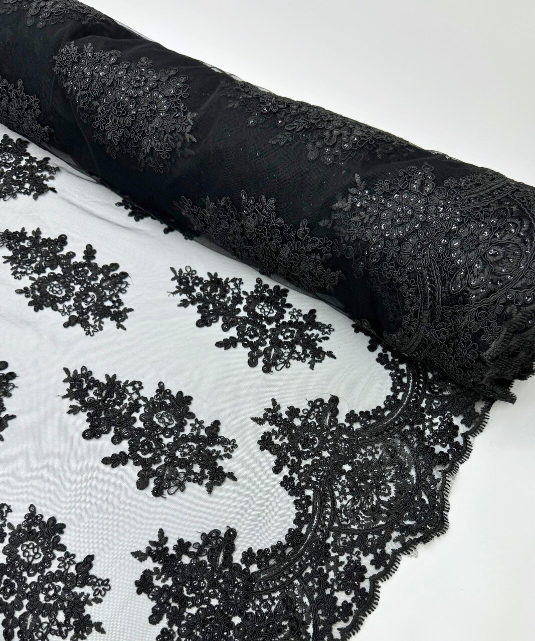 Black Sequin Embroidered Lace Fabric by the Yard, 54" Wide Floral Mesh Lace with Double Scalloped Edges